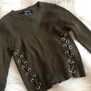Olive Green Ribbed Lace-up Cropped Sweater